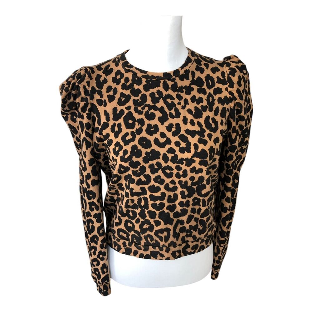 AGF‎ Long Sleeve Sexy Round Neck Leopard Print Pleat Puff Sleeve Long Fall Top S